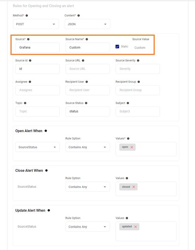 URL Mapping and th is used to uniquely identify an alert Status is used to open cloæ Static POST Grafana ruleld S N Q St—tus Alert SourceStatus Alert Wh SourceStatus Alert Wh SourceStatus Aet st—tus: Aet fu API URL O GENERATE URL JSON LIRI_ ruleUrl As sign æ O Enter Field Name.. Contains Any Contains Any Contains Any Enter Field Name.. Open Close Update etitlV - TEST URL copy m/FOSTAl e rt.