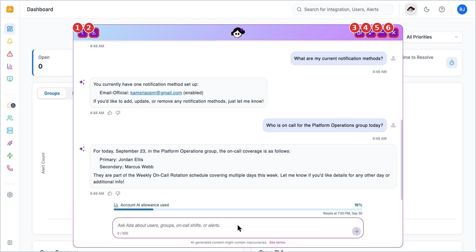 (1) Back to Prompts, (2) Download chat, (3) Clear chat history, (4) Expand or collapse, (5) Minimize, (6) Close