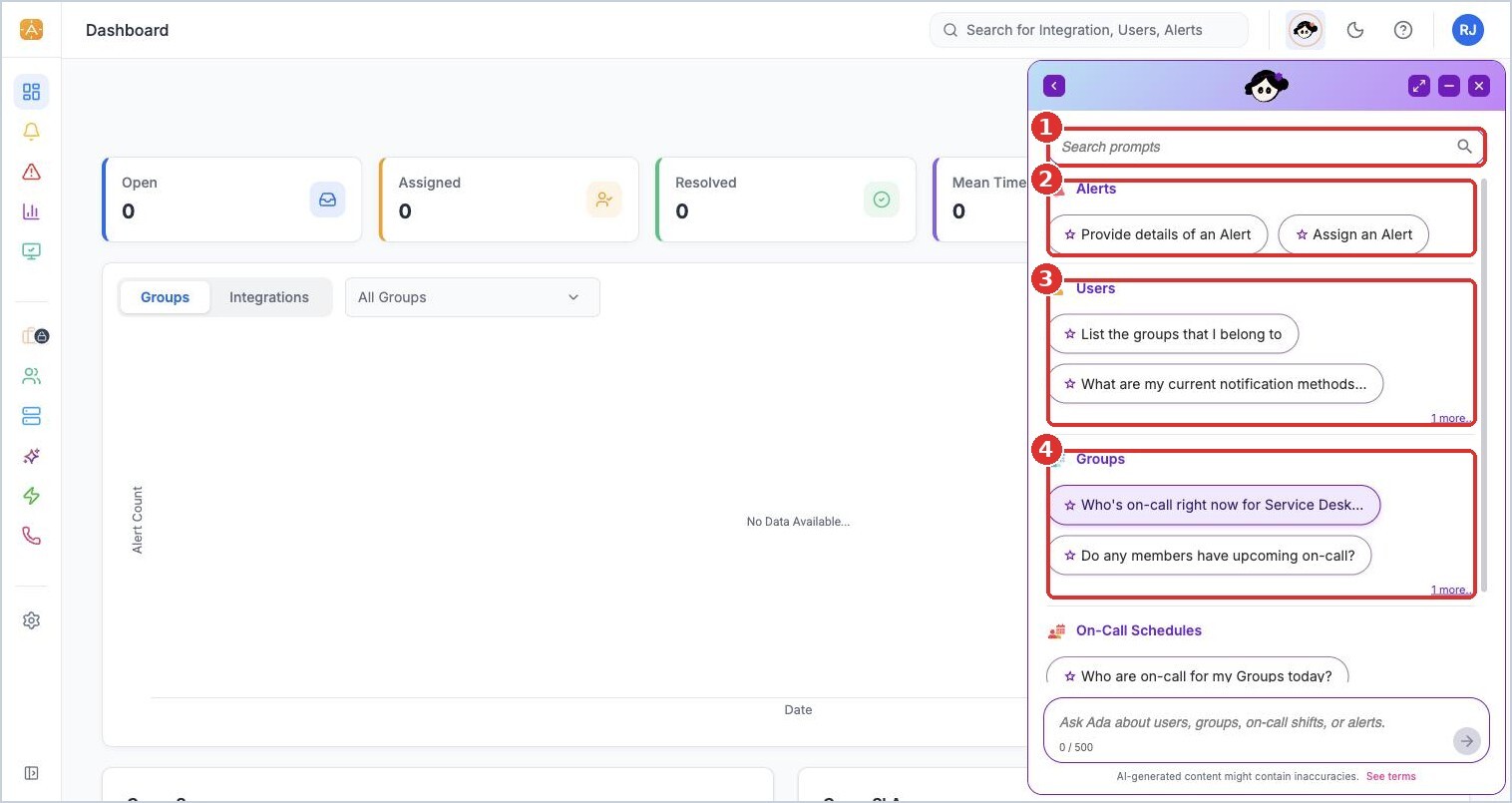 (1) search prompts, (2) Alerts, (3) Users, (4) Groups