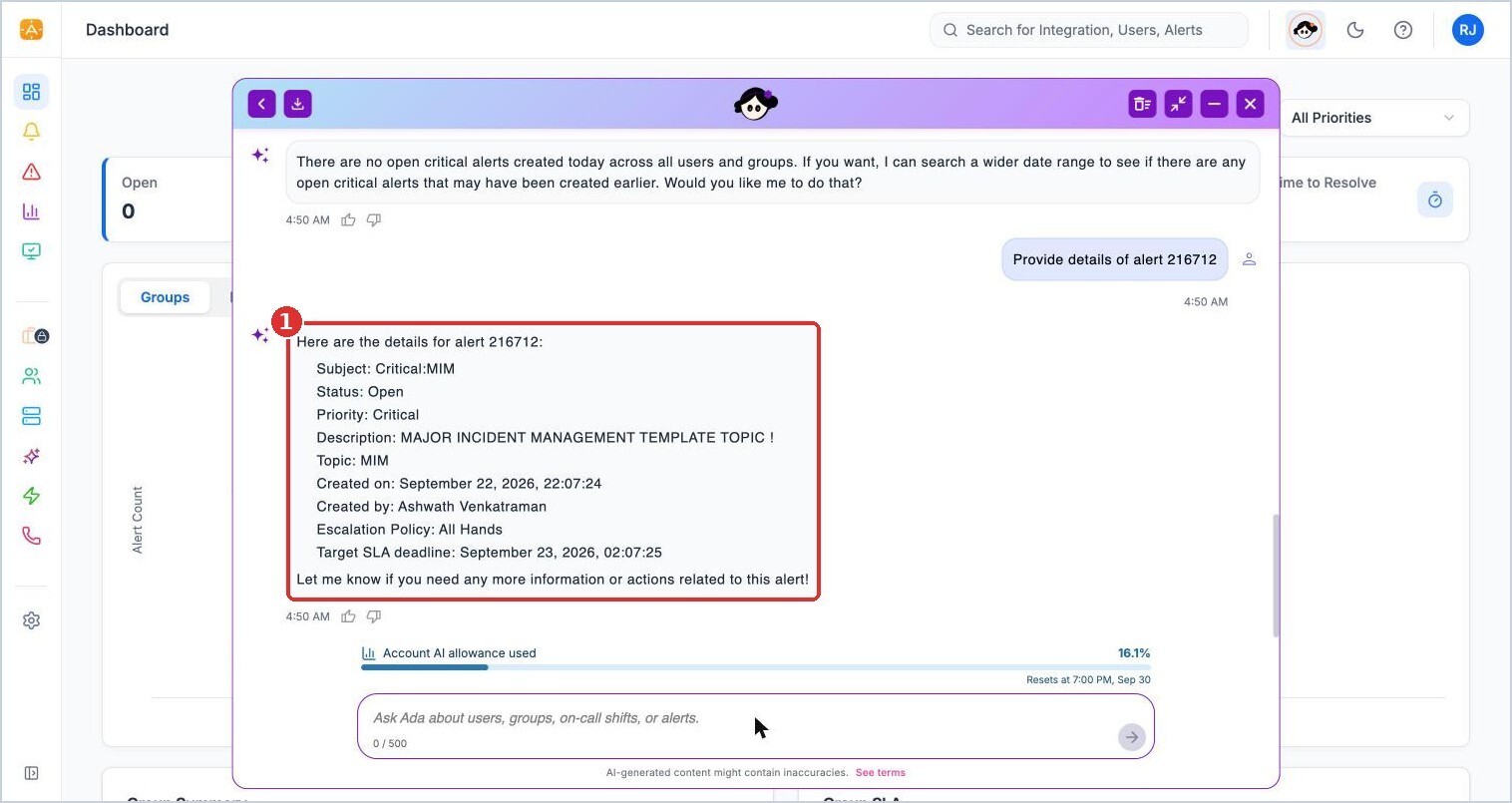 (1) subject, status, priority, topic, creator, escalation policy, and SLA deadline