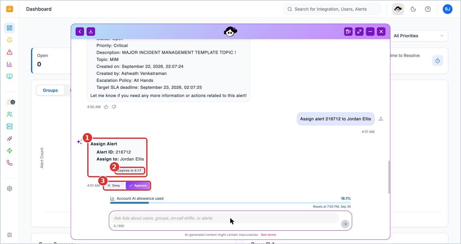 (1) the Assign Alert card with the alert and assignee, (2) time left to decide, (3) Deny or Approve