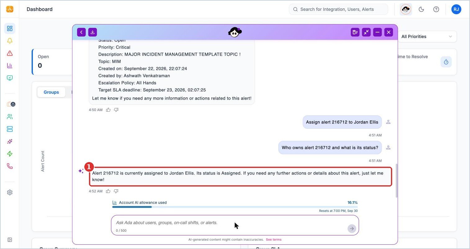 (1) Ada confirms the alert is Assigned to Jordan Ellis