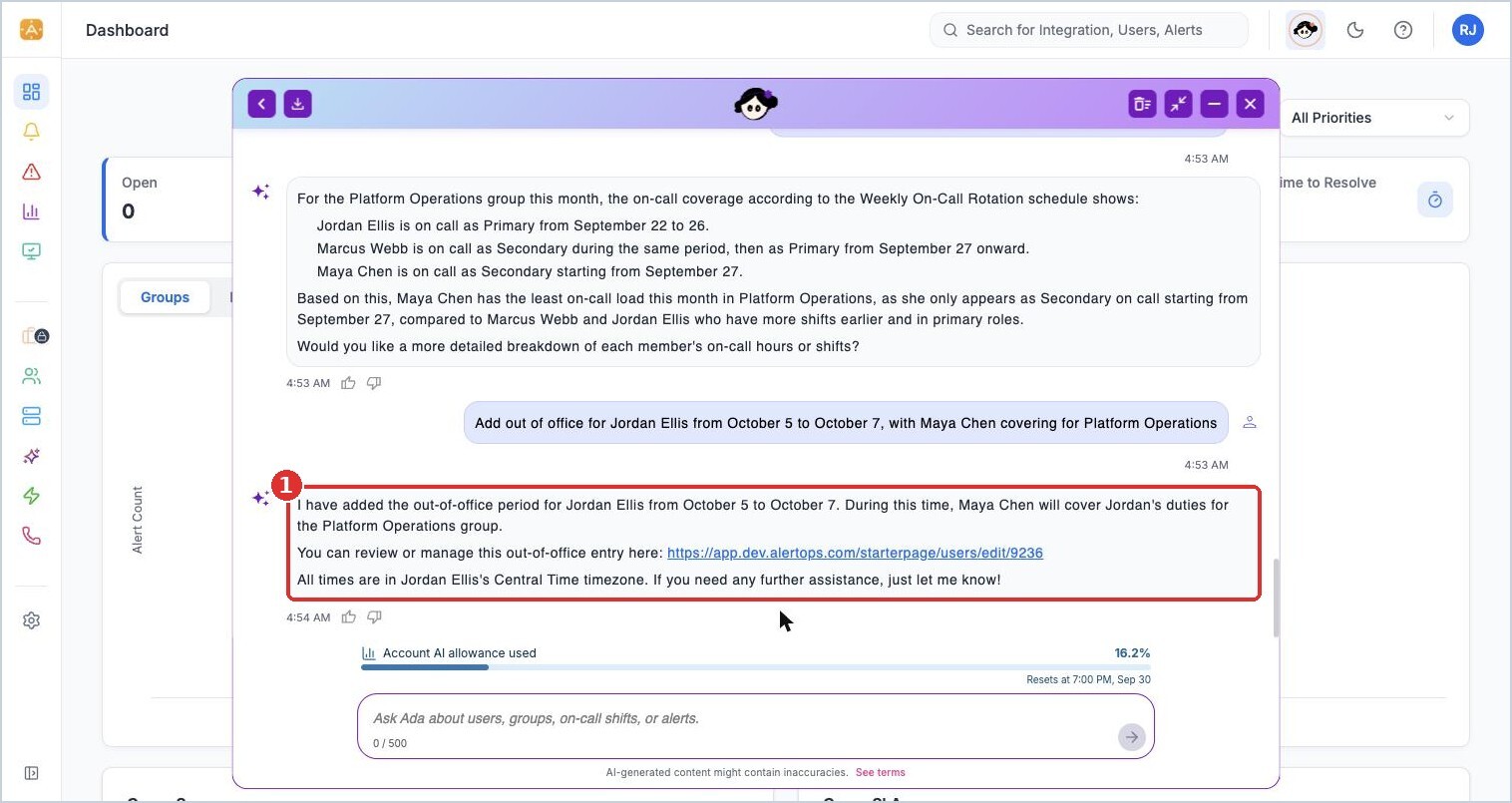 (1) Ada confirms and links to the user's profile, and notes the time zone used