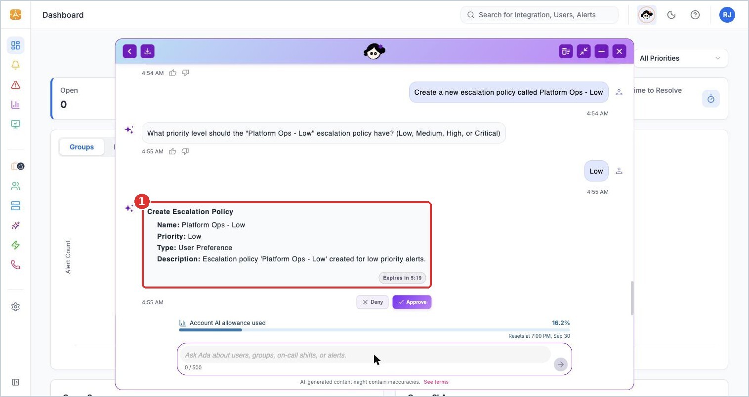 (1) the Create Escalation Policy card: name, priority, type, and description