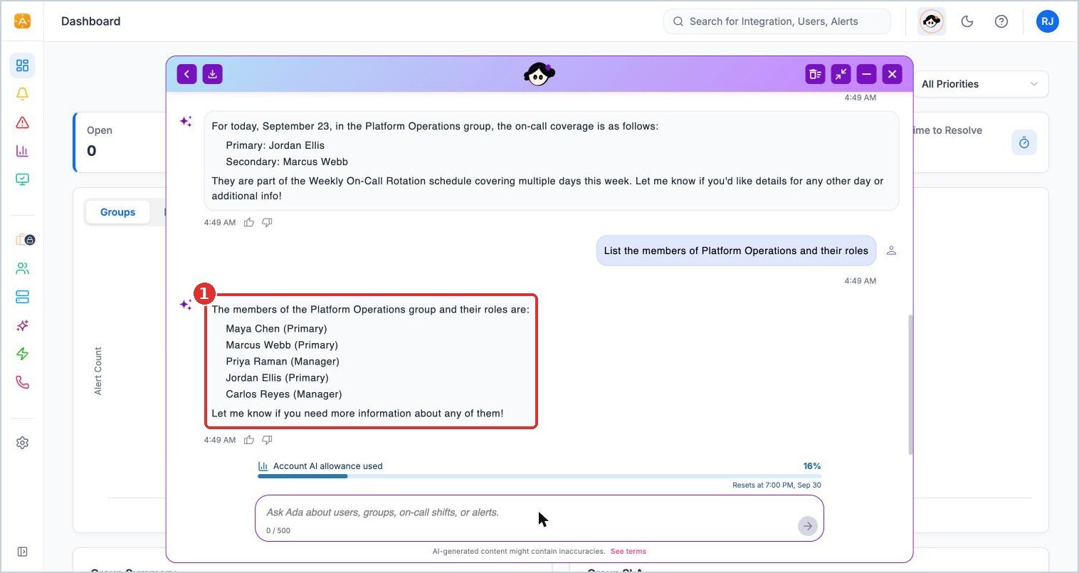 (1) Ada's list of members and roles. Confirm roles on the group's Members tab.